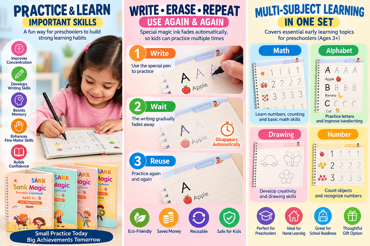 Magic Book for Kids, Sink Magic Practice CopyBook, (4 Books+10 Refills+1 Pen+1 Grip) ( Pack Of 2 )